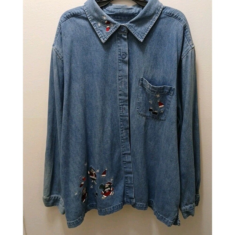 VTG CJ BANKS CHRISTMAS EMBROIDERED SANTA PENGUINS DENIM LONGSLEEVE SHIRT W-2X